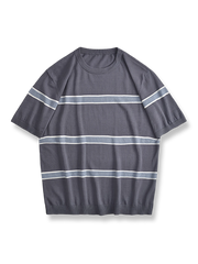 ストライプ編み 桑蚕糸混紡ニット 半袖Tシャツ