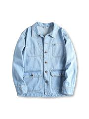 ウォッシュ加工のデニムジャケット、多ポケット付き