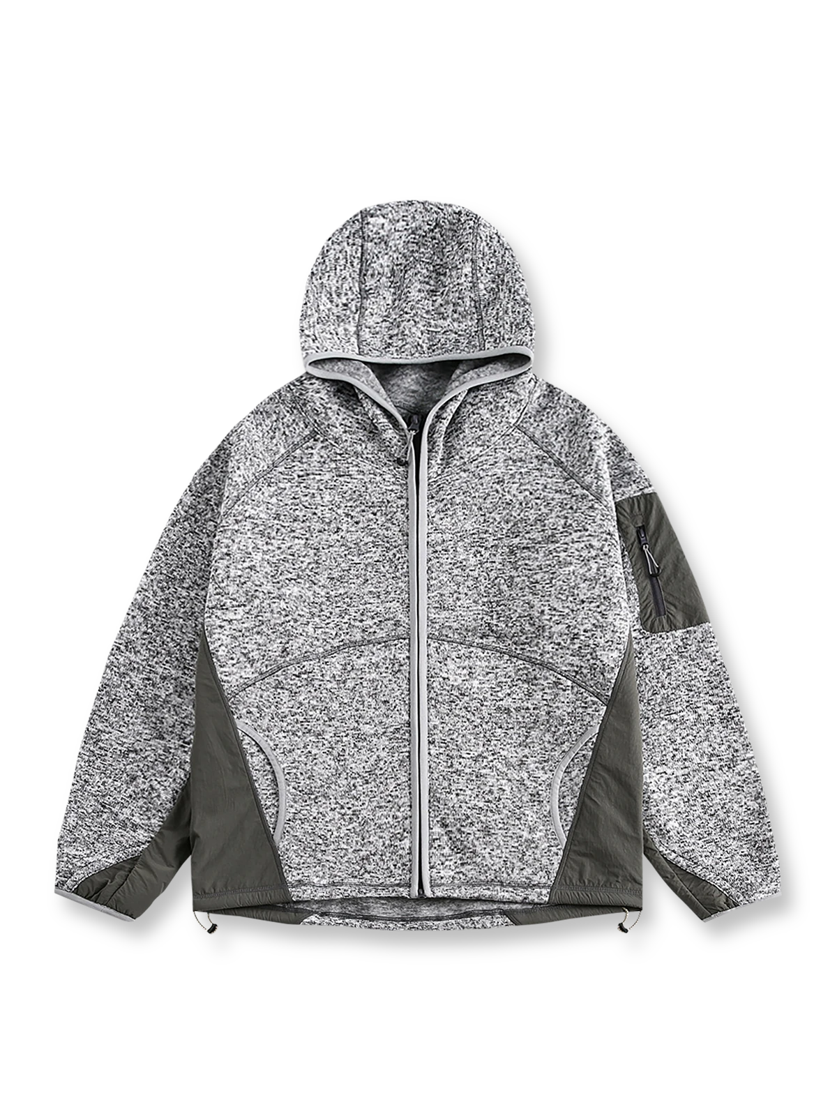 製品画像
「ミニマルなパッチワークデザインと高性能素材が融合したパッチワークヘビージャケットの全体展示画像。保温性、防風性を備え、寒冷な天候でも軽やかに対応できるデザインが特徴。」

詳細画像
「ジッパーポケットとパッチワークデザインのディテール特写。袖部分のジッパーポケットが実用性を高め、ダブルジッパー仕様により着脱が容易で、視覚的なアクセントとしてバイカラーのパッチワークが際立つ。」
