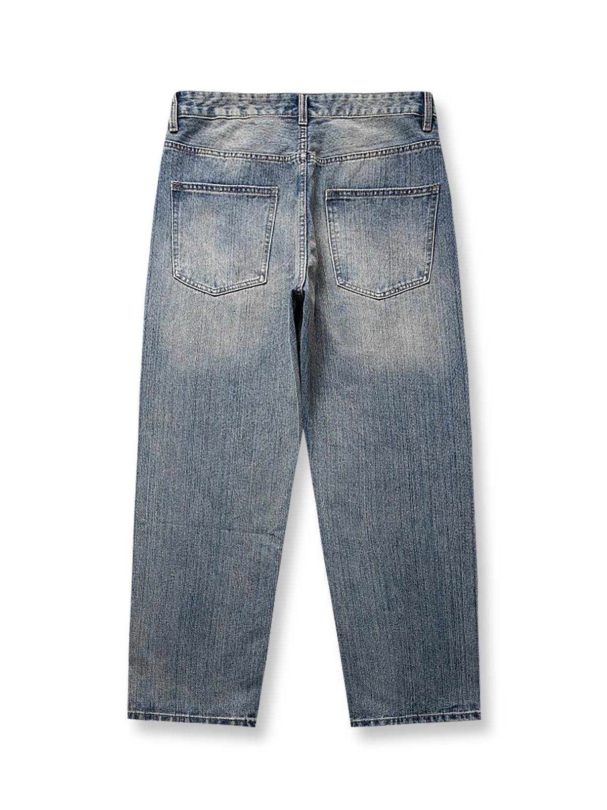 製品画像
「ヒゲ加工 ウォッシュ バンブーデニムパンツの正面全体図。クラシックなヒゲ加工と竹節模様を特徴としたバンブーデニム素材を使用し、自然な色落ちと立体感を演出。ヴィンテージ感とモダンな直筒シルエットが融合した万能なデザイン。」

詳細画像
「ヒゲ加工 ウォッシュ バンブーデニムパンツのディテール特写。竹節模様が立体的な風合いを生み出し、ウエストやポケットの縁には丁寧なステッチが施され、デザイン性と耐久性を向上。自然な色落ち加工がヴィンテージ感を引き立てる。」