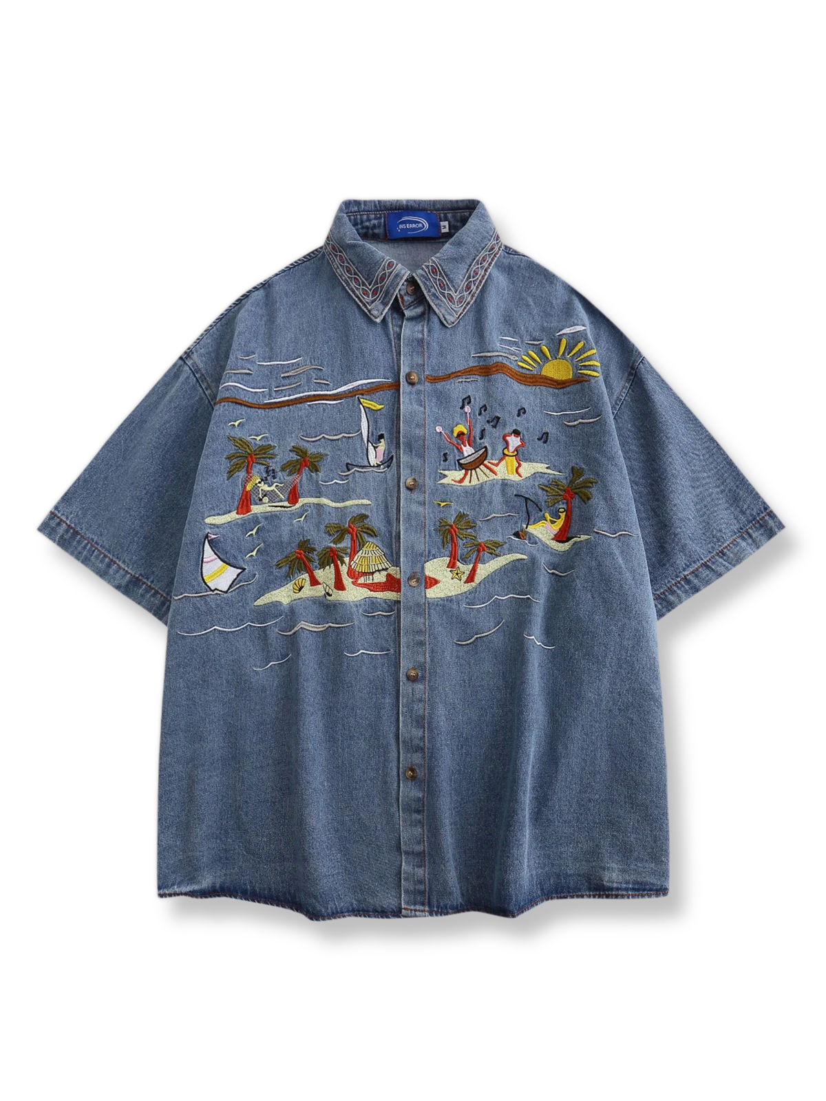 刺繍 海景デザイン デニム半袖シャツ