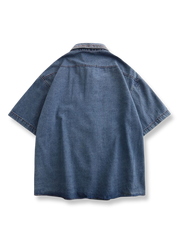 刺繍 海景デザイン デニム半袖シャツ