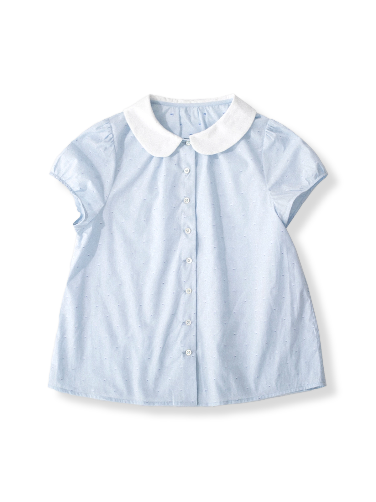 PESSOA CLUBのフレンチレトロドットプリントピーターパンカラーコットンシャツ全体像