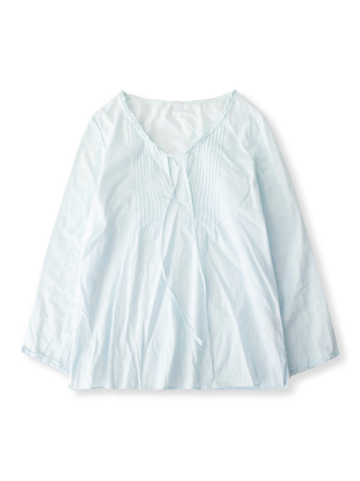 フレンチレトロなミントブルー レースアコーディオンプリーツ コットンブラウス全体像