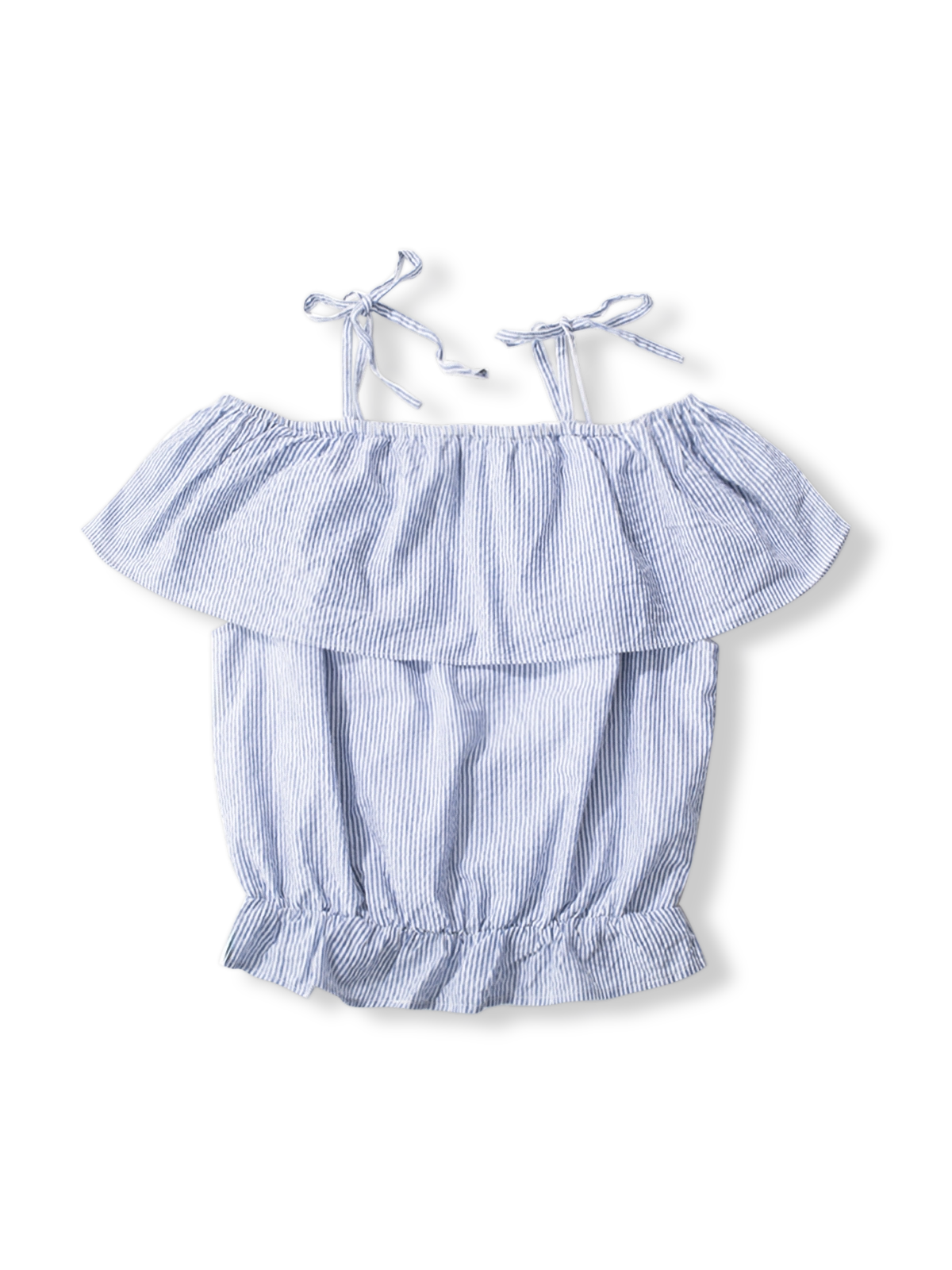 製品画像: フレンチレトロなブルー＆ホワイト ストライプ オフショルダー キャミソール全体画像