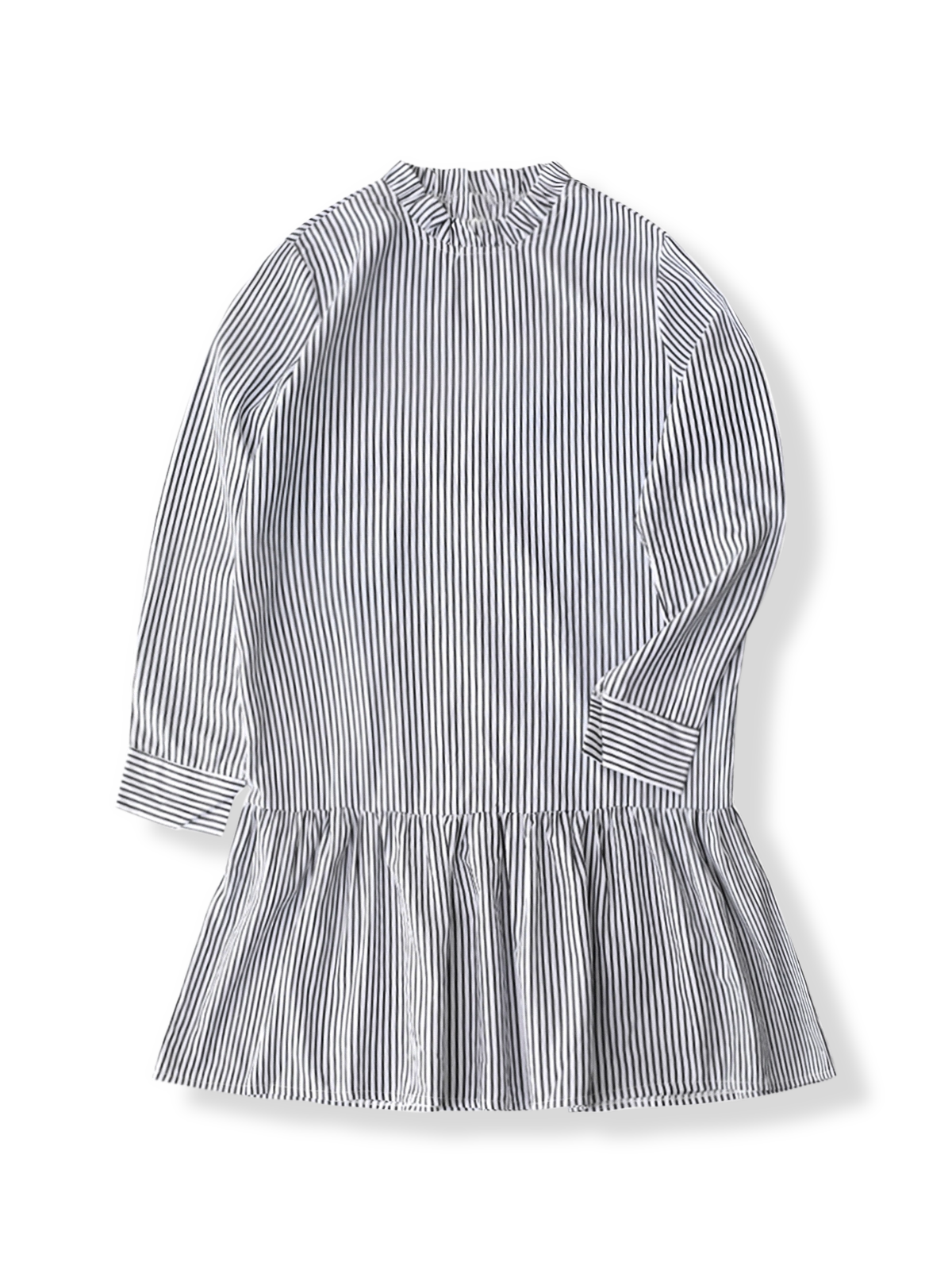 製品画像: フレンチレトロなペタルスタンドカラー ブラック＆ホワイト ストライプ ローウエスト マーメイドワンピース全体画像