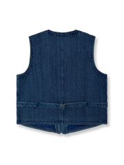 製品画像: ヴィンテージ風インディゴ剣道着生地を使用した厚手ベスト。アメカジスタイルを基調にした秋冬にぴったりのデザイン。丈夫で質感のある素材、コットン100%のインディゴ生地が特徴
詳細画像: 剣道着生地の粗い織り目が見えるディテール、クラシックな金属ボタンのデザイン。耐久性に優れ、使い込むことで風合いが増すヴィンテージ感。秋冬のコーディネートに最適