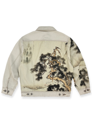 製品画像: 水墨画松柏プリントヴィンテージジャケット全体展示図。東洋美術の水墨画風デザインがジャケット全体に施され、松と柏の自然の美を強調した一着。
詳細画像: ジャケットの金属ボタンと松柏プリントディテールを特写した画像。A+級色堅牢度で、プリントの鮮やかさと耐久性を長期間保つ。