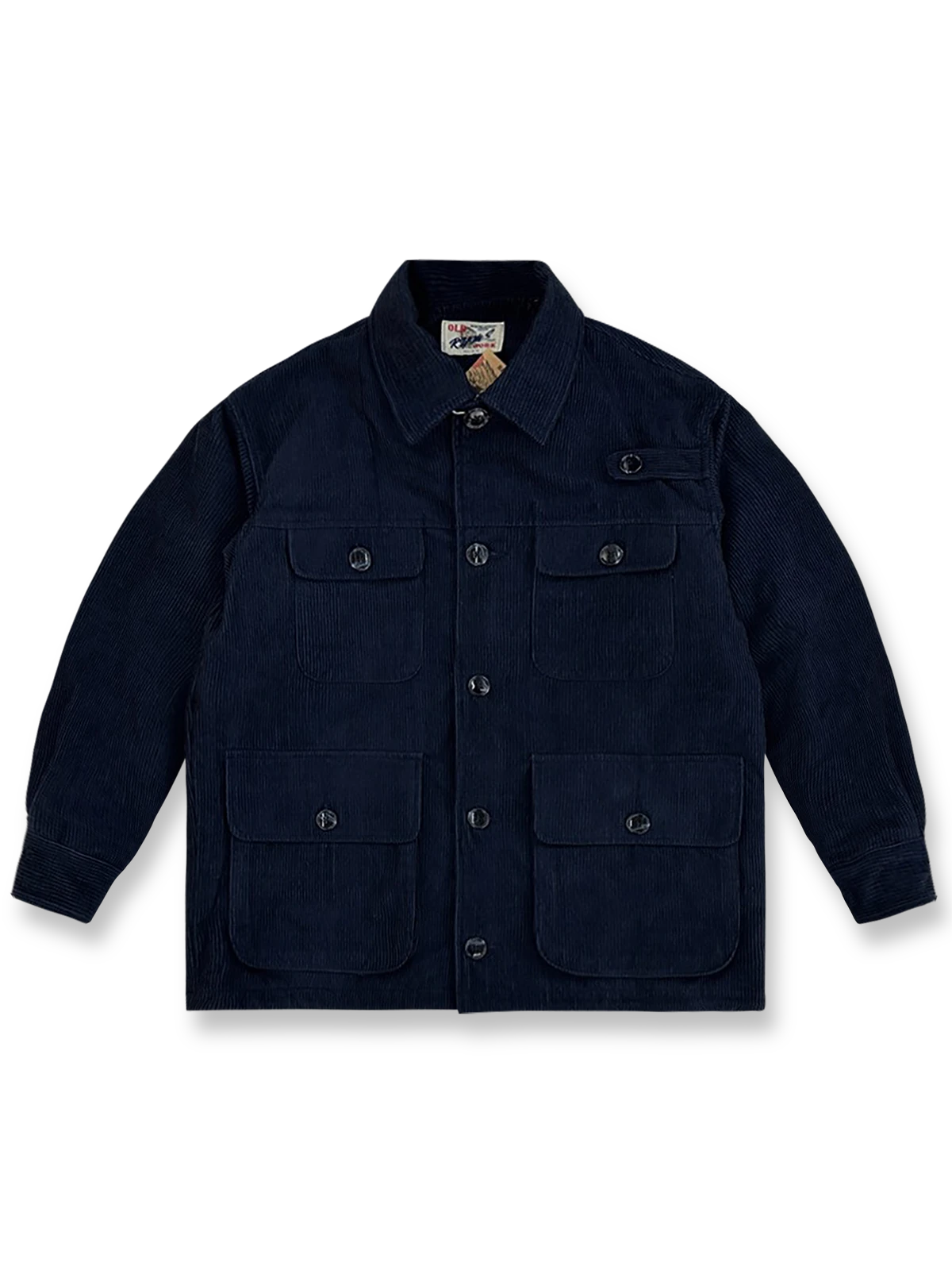 製品画像: フレンチハンティングデザインのコーデュロイ中綿ジャケット全体展示図。ヴィンテージ感あふれるコーデュロイ素材と中綿入りで暖かさを確保した冬用アウター。
詳細画像: コーデュロイ素材の質感と多機能ポケットディテールを特写した画像。ハンティングスタイルを引き立てるディテールと実用性が感じられる。