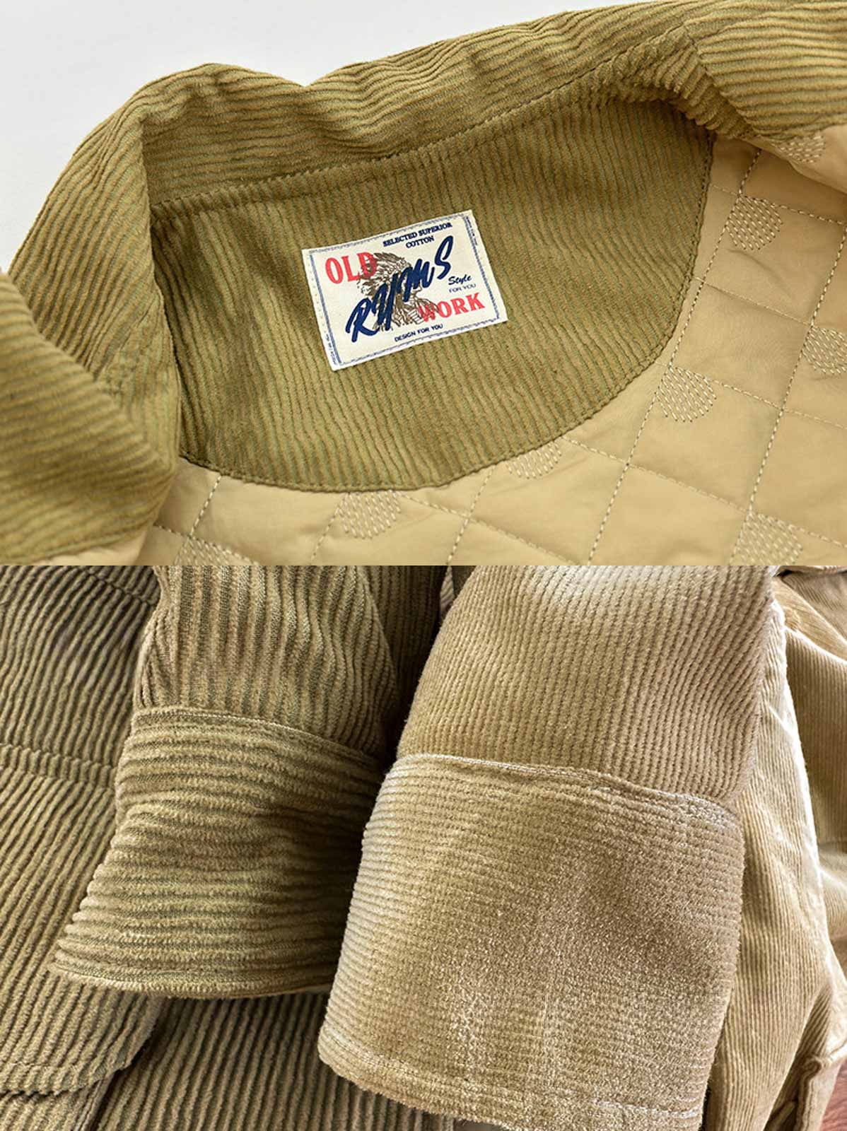 製品画像: フレンチハンティングデザインのコーデュロイ中綿ジャケット全体展示図。ヴィンテージ感あふれるコーデュロイ素材と中綿入りで暖かさを確保した冬用アウター。
詳細画像: コーデュロイ素材の質感と多機能ポケットディテールを特写した画像。ハンティングスタイルを引き立てるディテールと実用性が感じられる。