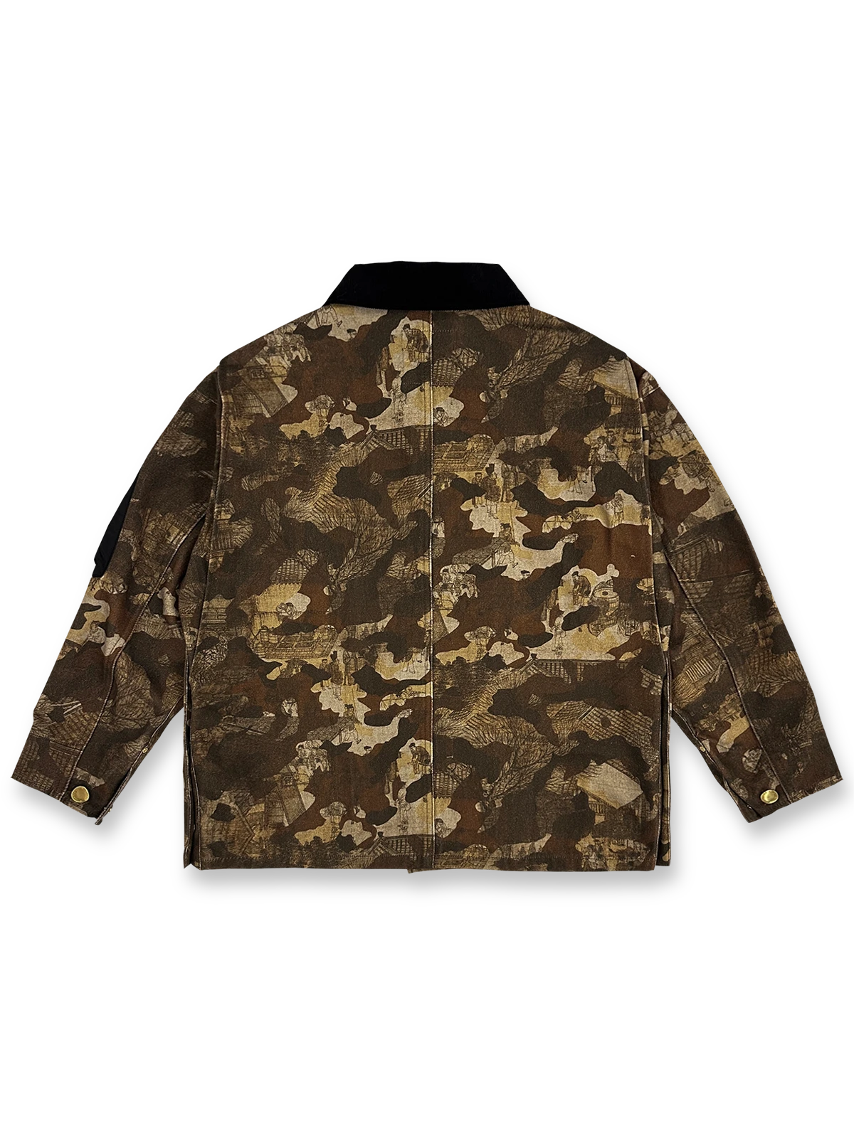 製品画像: チャイナアート『清明上河図』プリント カモフラージュ ワークジャケット全体展示図。伝統的なアートとカモフラージュデザインが融合したユニークなヴィンテージジャケット。
詳細画像: コーデュロイ襟元とYKK金属ジッパー、補強スナップボタンのディテール特写。耐久性と高級感を感じさせるディテール。