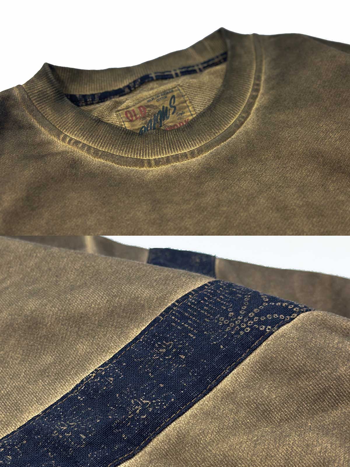 製品画像
泥染めクルーネックスウェットの全体展示。自然な色ムラと独特な泥染め加工が特徴的なヴィンテージスタイルの一着。

詳細画像
泥染めの独特な風合いとヘビーウェイトコットンの質感を強調したディテール特写。色ムラと自然な陰影がヴィンテージ感を際立たせています。