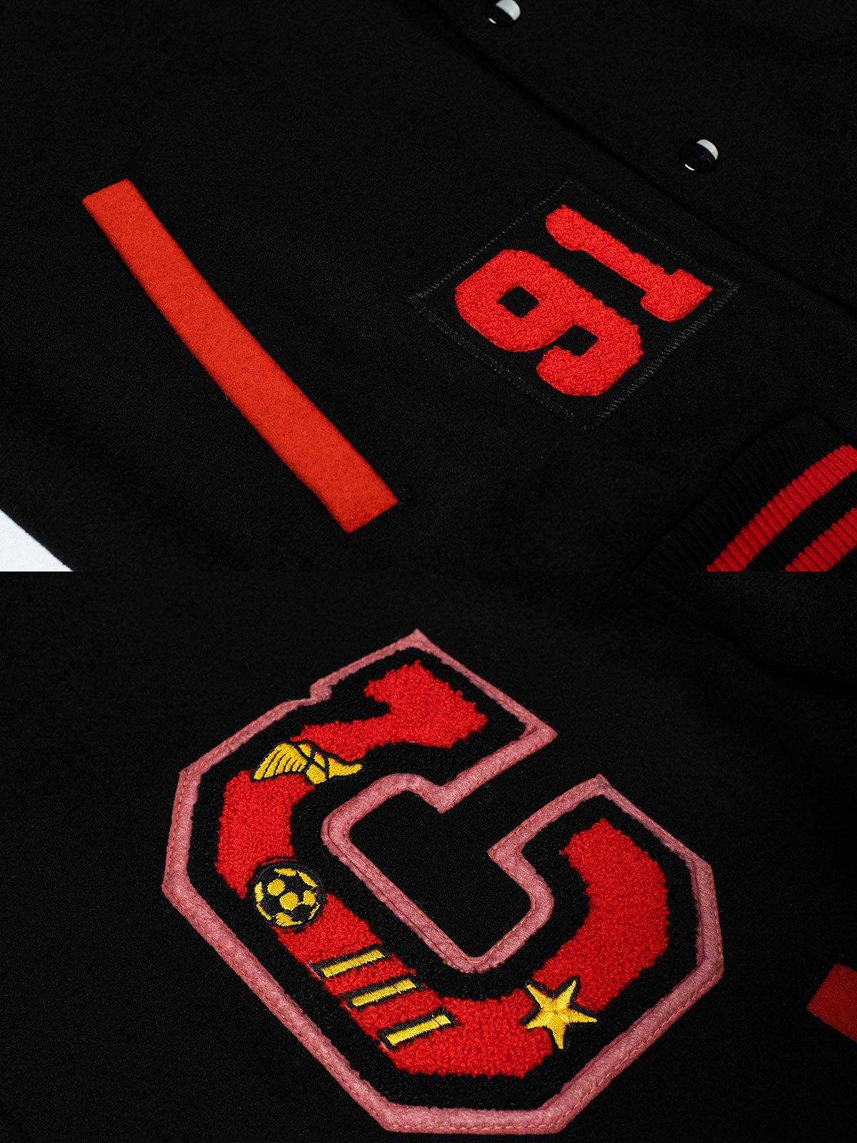 製品画像:
クラシックなアイビーリーグスタイルのスタジャン全体展示。1950年代のアメリカ大学スタイルをリバイバルしたデザイン、重厚なウール混紡素材が特徴。
詳細画像:
刺繍アルファベットとリブ編みのストライプディテールのクローズアップ。ヴィンテージ感のあるデザインがアメリカンキャンパススタイルを強調しています。