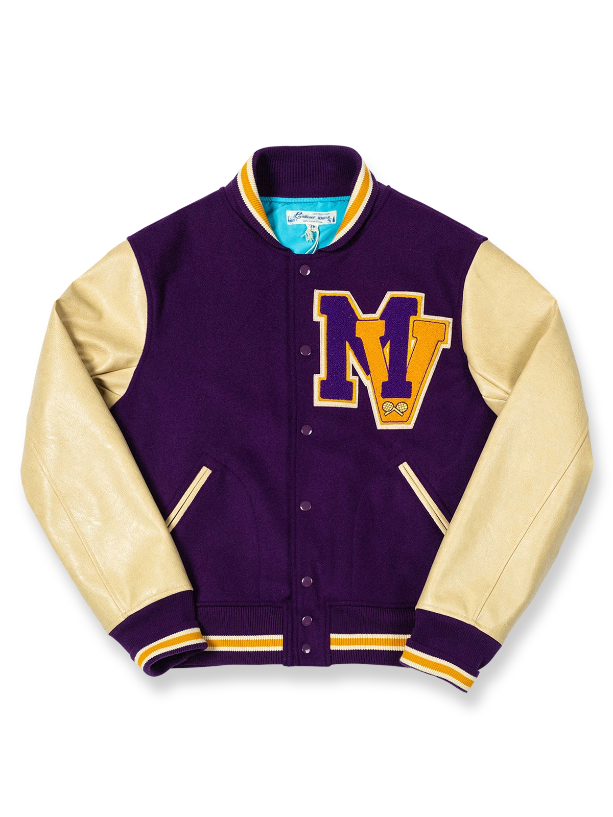 製品画像: アイビー風ヴィンテージウール×PUレザーベースボールジャケット全体画像、クラシックデザイン
詳細画像: 刺繍レタリングとレザー切り替え袖のディテール、ヴィンテージ感のある精緻な作り