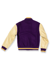 製品画像: アイビー風ヴィンテージウール×PUレザーベースボールジャケット全体画像、クラシックデザイン
詳細画像: 刺繍レタリングとレザー切り替え袖のディテール、ヴィンテージ感のある精緻な作り