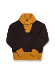 製品画像: ビッグカラー配色ウールセーター全体画像（秋冬カレッジスタイル）
詳細画像: セーターのビッグカラーと配色ディテール（オーストラリア産ピュアウール使用）