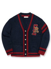 製品画像: アメリカンアイビーリーグ風ヴィンテージ刺繍レタリングウールカーディガン全体画像
詳細画像: 刺繍レタリングとナッツボタンのディテール