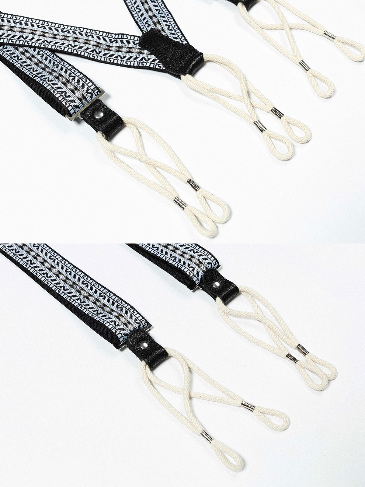 製品画像:
ヴィンテージジャカードH型X型サスペンダー全体画像 - 1930年代スタイルのサスペンダー、ジャカードデザインとコットンコードのディテールを強調した高級感あるアイテム。

詳細画像:
サスペンダーのジャカードディテールとコットンコードの特写 - ヴィンテージジャカード生地と手作りコットンコードのデザイン、1930年代クラシックサスペンダーの特徴を詳しく見せた画像。
