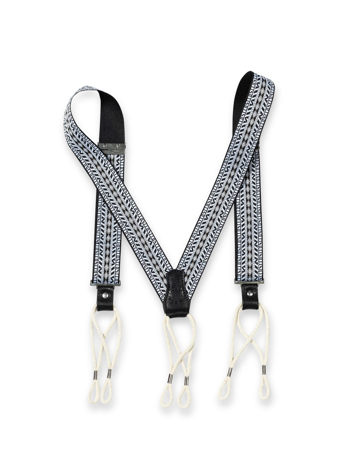 製品画像:
ヴィンテージジャカードH型X型サスペンダー全体画像 - 1930年代スタイルのサスペンダー、ジャカードデザインとコットンコードのディテールを強調した高級感あるアイテム。

詳細画像:
サスペンダーのジャカードディテールとコットンコードの特写 - ヴィンテージジャカード生地と手作りコットンコードのデザイン、1930年代クラシックサスペンダーの特徴を詳しく見せた画像。