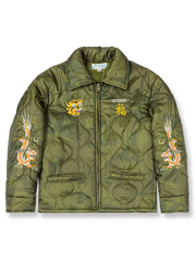 製品画像: クラシックな「竜と虎」刺繍入りコットンライナージャケット全体画像
詳細画像: 袖部分の「竜と虎」刺繍ディテール