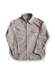 製品画像: ヴィンテージジャカードストライプワイドカラーシャツの全体画像、クラシックな1930年代のデザインが特徴
詳細画像: ジャカード織りのコットン生地と果実ボタンのディテールが際立つヴィンテージシャツ