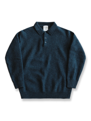 製品画像: オーストラリア産100%純ウール使用のポロニットセーター全体画像
詳細画像: 上質なシェルボタンと厚手の純ウール編み目のディテール