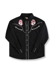 製品画像: 19世紀風のヴィンテージウエスタン刺繍長袖シャツの正面画像。鮮やかな刺繍が際立つデザイン
詳細画像: 肩部と胸部に施された精巧な刺繍デザインが見える画像