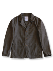 製品画像: ヴィンテージヘリンボーンウォッシュジャケットの全体画像、独特な時代感を持つデザイン
詳細画像: ウォッシュ加工されたヘリンボーン柄の生地とヴィンテージメタルボタンのディテール