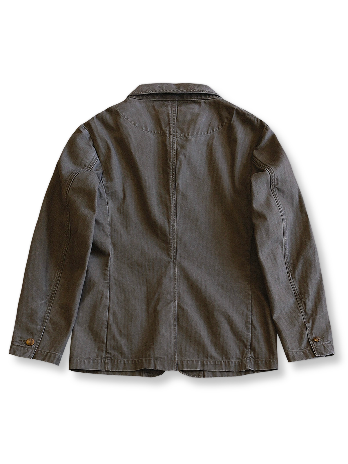 製品画像: ヴィンテージヘリンボーンウォッシュジャケットの全体画像、独特な時代感を持つデザイン
詳細画像: ウォッシュ加工されたヘリンボーン柄の生地とヴィンテージメタルボタンのディテール