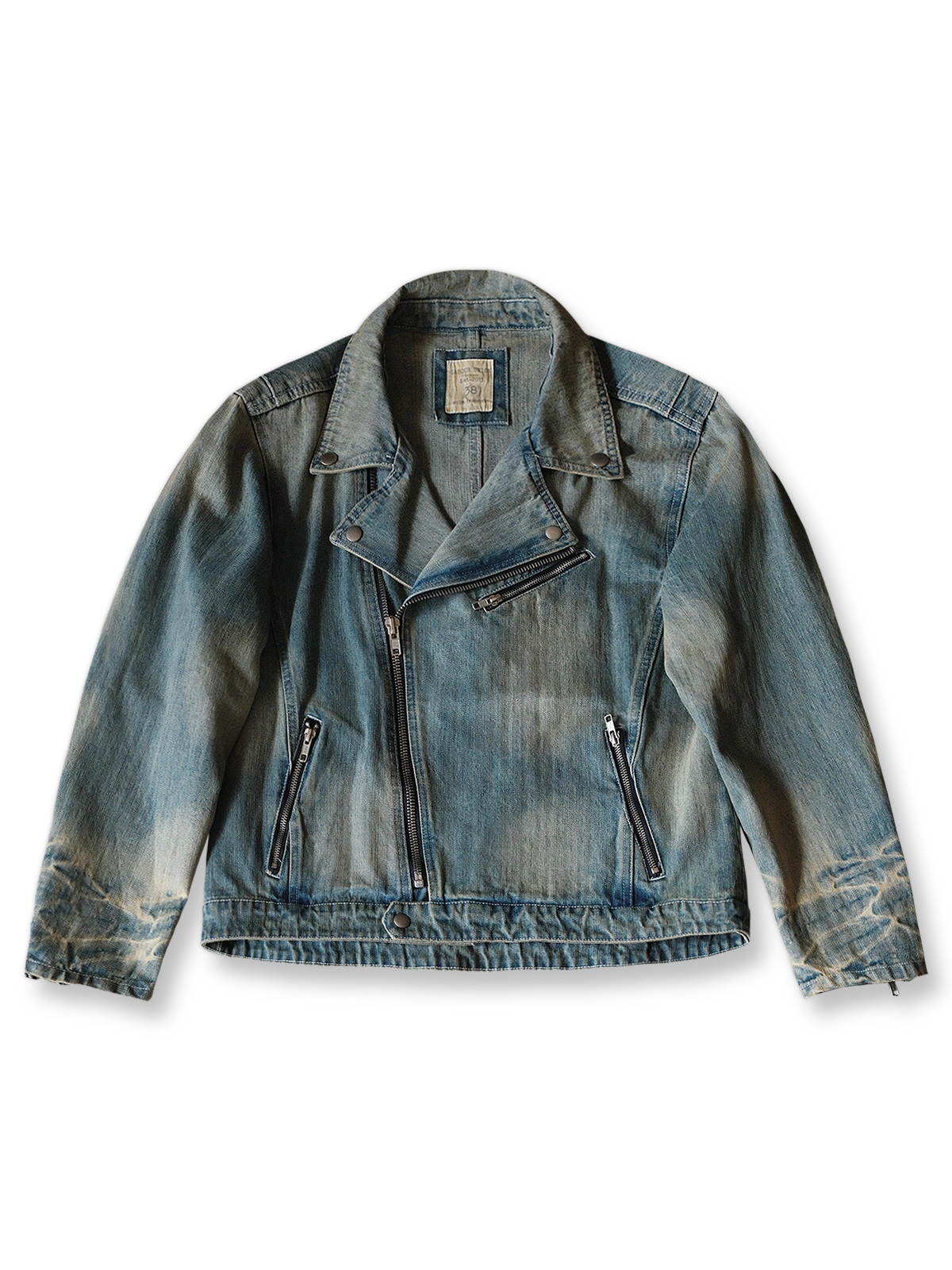 製品画像: ヴィンテージ加工バイカースタイルのデニムジップジャケットの正面画像。タフでスタイリッシュなデザインが際立つ
詳細画像: ジャケットのYKKヴィンテージジッパーとバイカースタイルの襟ディテールが分かる画像