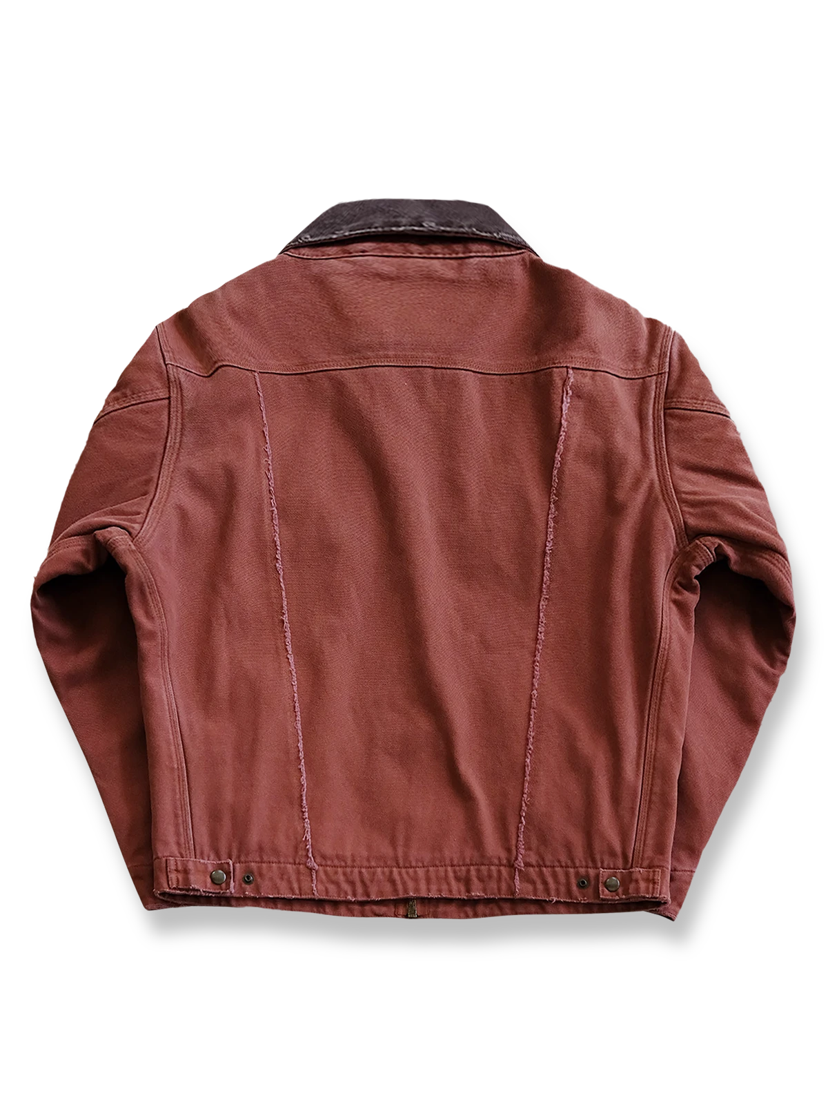 製品画像:
ヴィンテージダメージ加工パッチワークキャンバスジャケット全体展示。高密度の15oz定織キャンバス素材と日本製の厚手ウール裏地が、ヴィンテージ感とタフさを引き立てたジャケットの全体像。
詳細画像:
TALONジッパー、スナップボタン、及び水洗い加工のディテール。手作業での擦り加工とソルトフライが施されたディテールにより、ジャケットにユニークなヴィンテージ感を与えています。