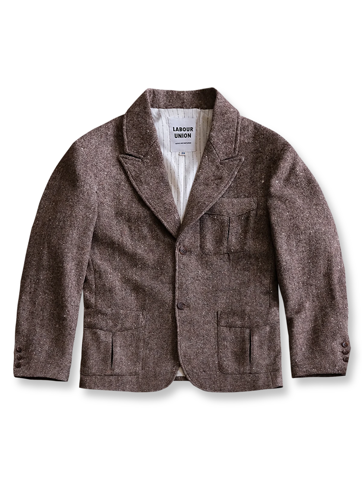 製品画像:
リバイバルカラードットウールツイードスーツジャケット全体展示。530gウールツイード生地とカラードットデザインで、1930年代のクラシックスタイルを現代的に再現したスーツジャケットの全体像。
詳細画像:
ツイード模様とカラードットデザインのディテール。リバイバル感を強調するために精緻なテクスチャーとカスタムボタンが施されたディテール。