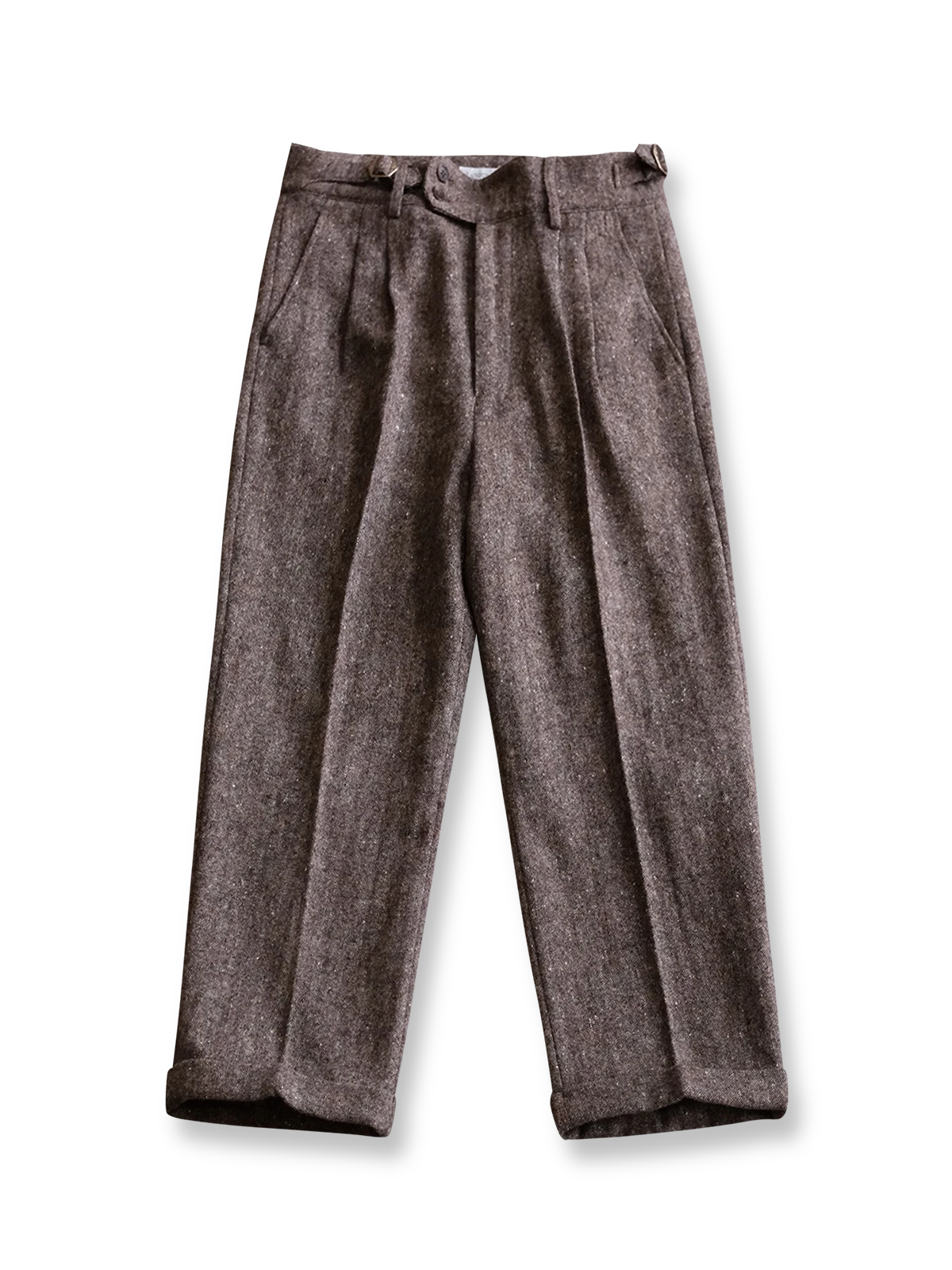 製品画像:
ヴィンテージカラードットウールツイードスラックス全景展示。530g純ウールツイード素材を使用し、1930年代のアメリカンフォーマルスタイルを表現したヴィンテージ感あふれるスラックスの全体像。
詳細画像:
ウールツイード生地とカラードットディテールのクローズアップ。細かなカラードットとテクスチャーが強調され、ヴィンテージスタイルの視覚効果を引き出しているディテール。