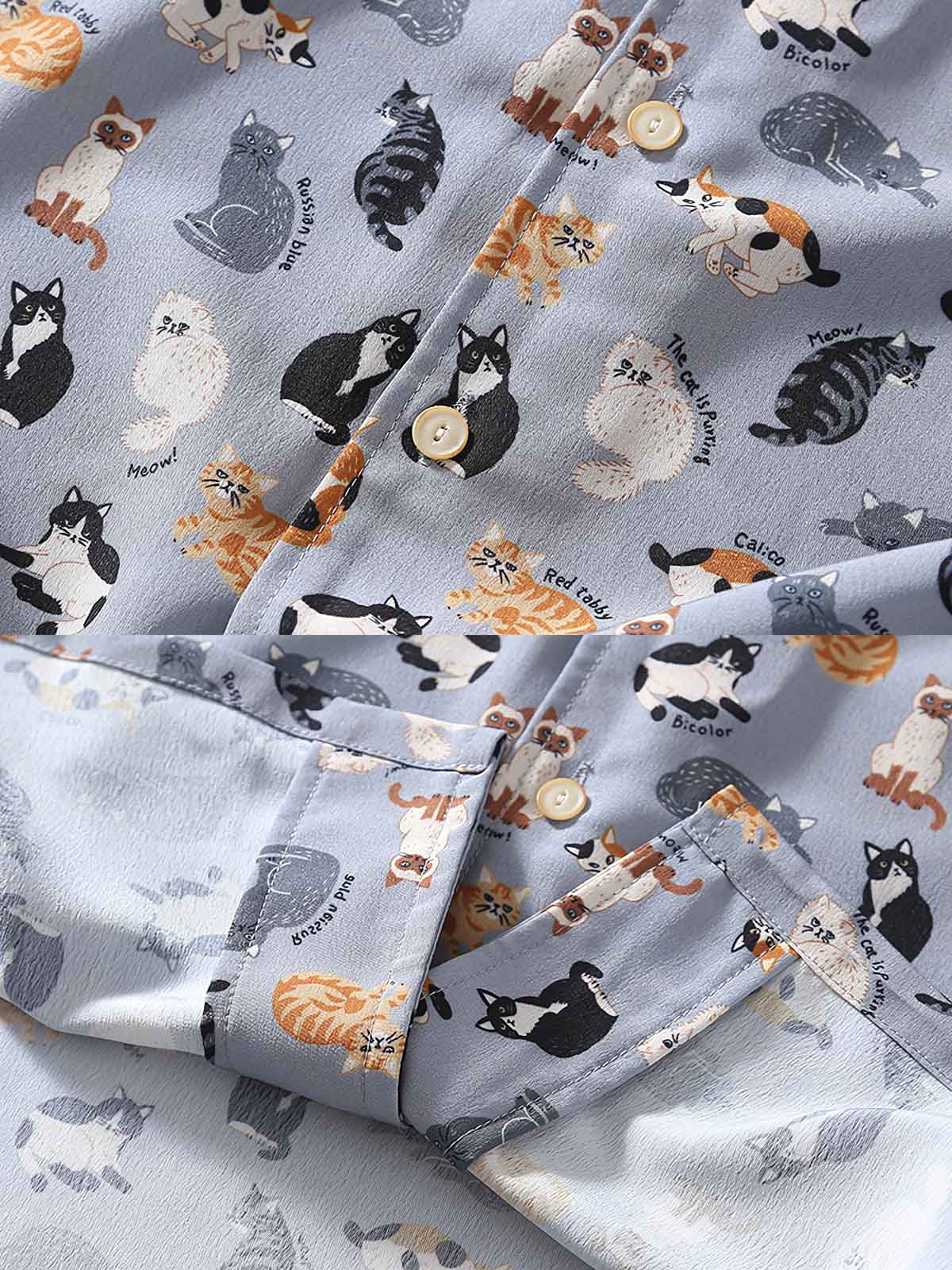 猫の柄のディテールが特徴のキューバカラーシャツのクローズアップ。色とりどりの猫が表現され、独特の楽しい雰囲気を提供。