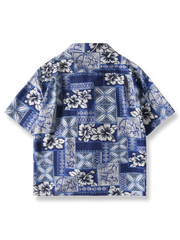 ブルー＆ホワイト フローラルプリント ハワイアンシャツ