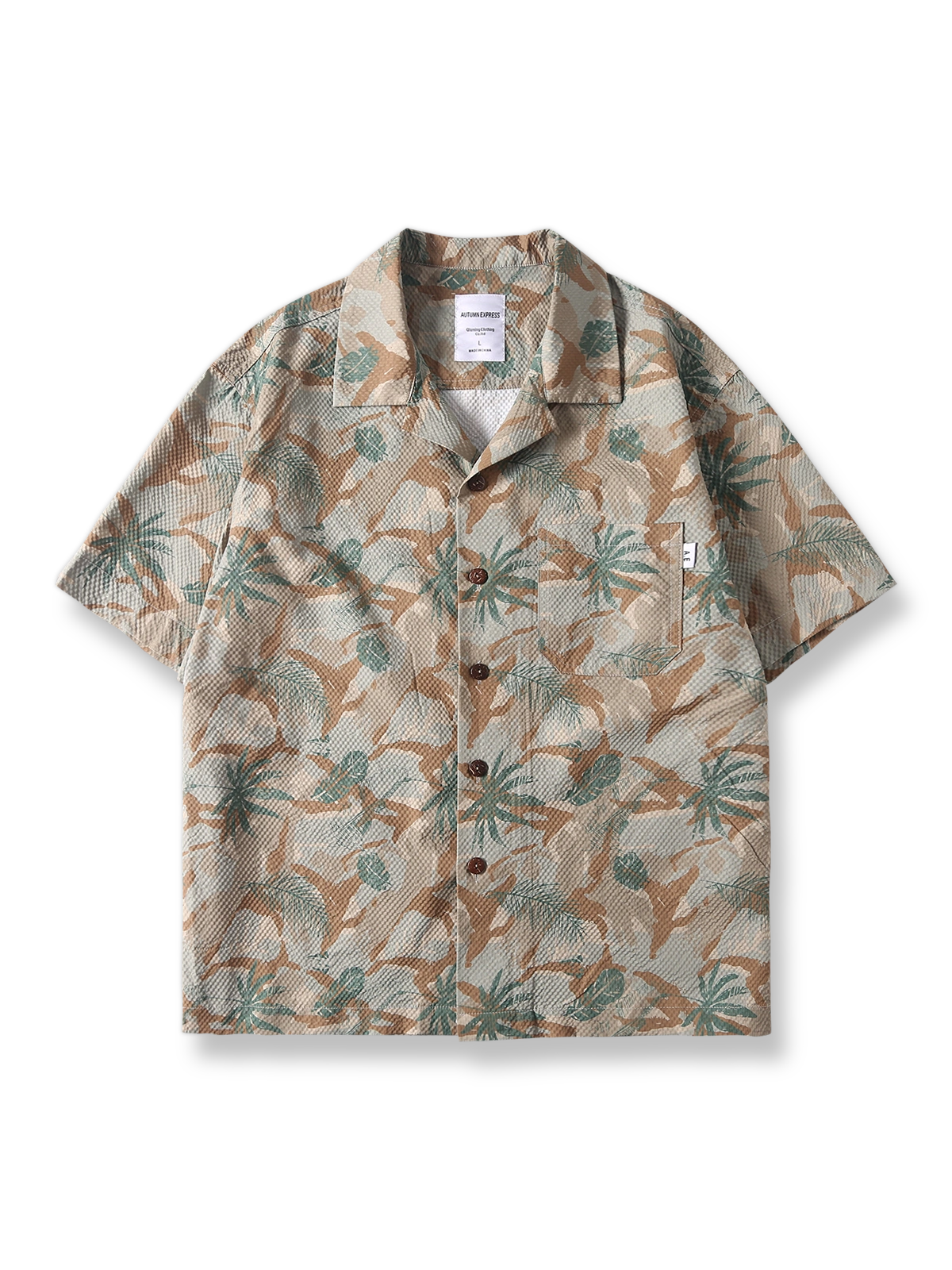 植物花柄のカモフラージュプリントが特徴のレーヨン混紡アロハシャツ