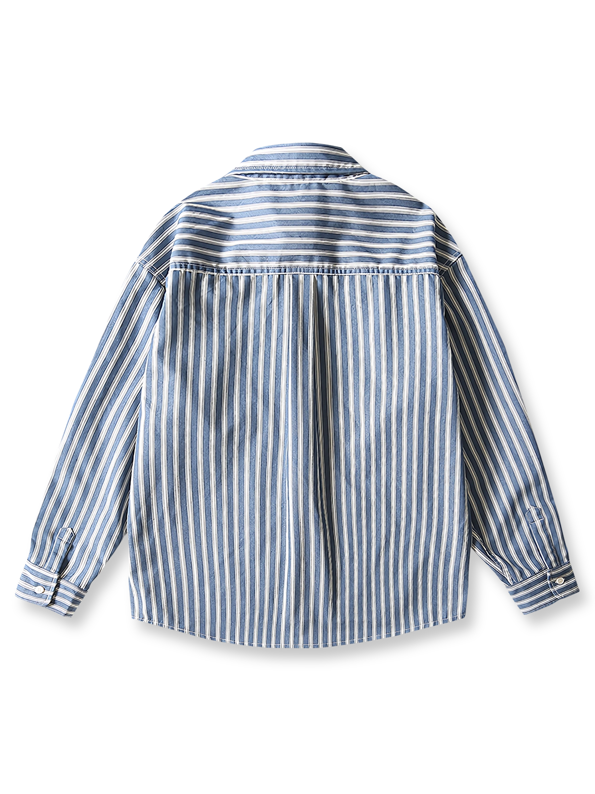 製品画像: ヴィンテージデニムストライプシャツの全体展示、クラシックなストライプデザインとデニム生地の融合を強調。