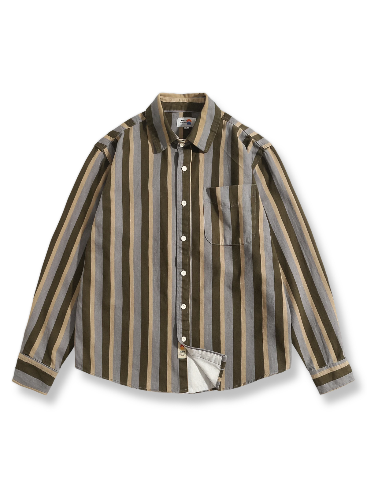 レトロ配色ストライプコットン長袖シャツ
