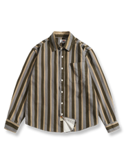 レトロ配色ストライプコットン長袖シャツ