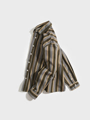 レトロ配色ストライプコットン長袖シャツ