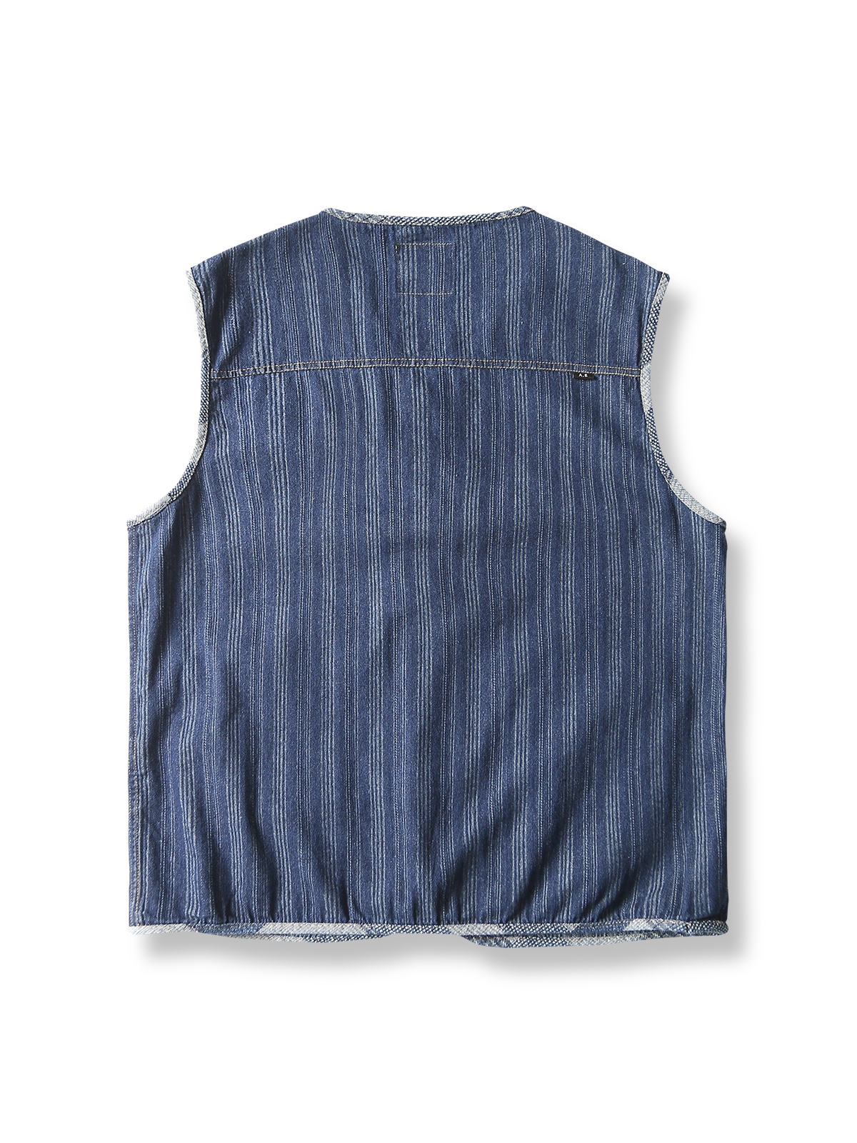 製品画像: ヴィンテージストライプパッチポケット付きデニムワークベストの正面全体展示、クラシックなワークスタイルを強調。