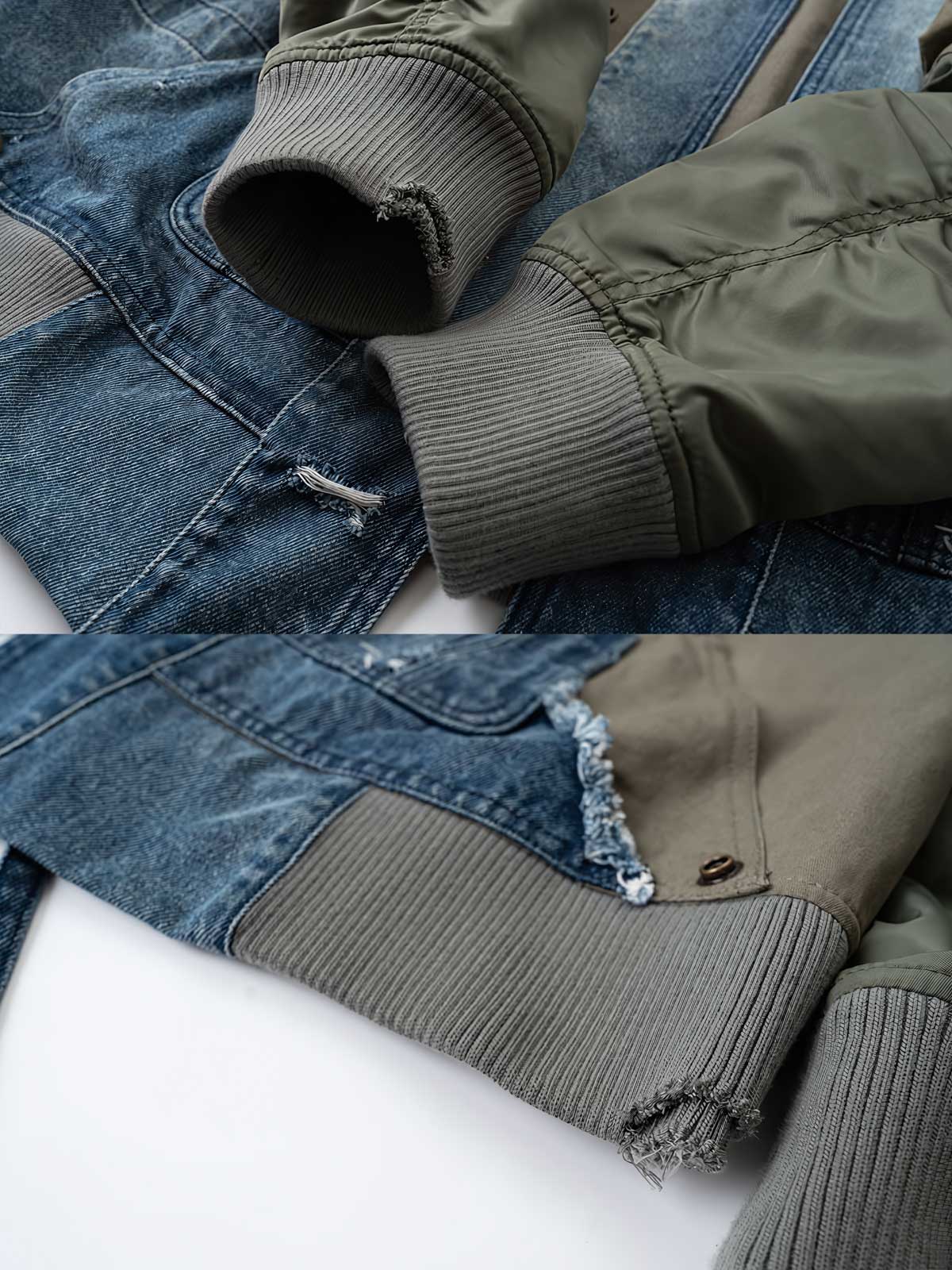 詳細画像: パッチワークとポケットディテールのクローズアップ