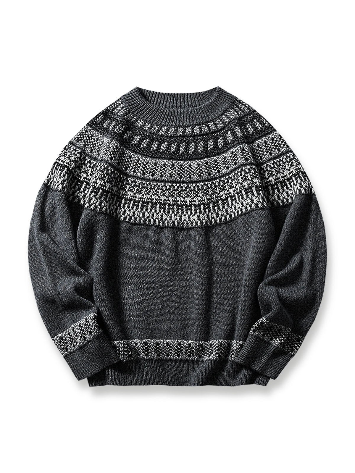 製品画像: クラシックなフィッシャーマンニットセーター、北欧風の幾何学模様とモヘア混紡素材を使用したデザイン。ゆったりとしたシルエットとリブ編みの袖口、裾が特徴で、暖かさと快適さを提供。冬のカジュアルスタイルに最適なアイテム。

詳細画像: フィッシャーマンニットセーターの北欧風幾何学模様とモヘア混紡素材の質感。クルーネックデザインとリブ編み仕上げのディテールが際立ち、保温性と耐久性を強化。柔らかく肌に優しい着心地。