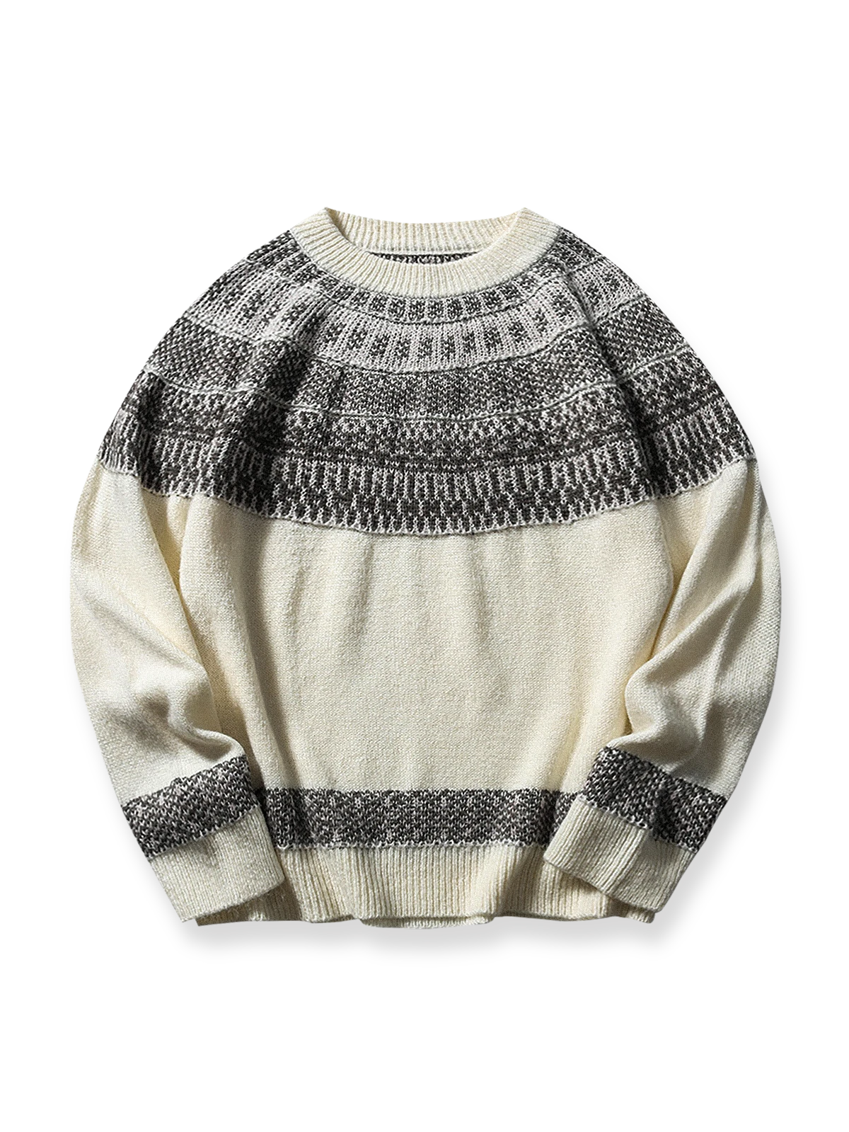 製品画像: クラシックなフィッシャーマンニットセーター、北欧風の幾何学模様とモヘア混紡素材を使用したデザイン。ゆったりとしたシルエットとリブ編みの袖口、裾が特徴で、暖かさと快適さを提供。冬のカジュアルスタイルに最適なアイテム。

詳細画像: フィッシャーマンニットセーターの北欧風幾何学模様とモヘア混紡素材の質感。クルーネックデザインとリブ編み仕上げのディテールが際立ち、保温性と耐久性を強化。柔らかく肌に優しい着心地。