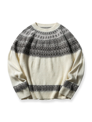 製品画像: クラシックなフィッシャーマンニットセーター、北欧風の幾何学模様とモヘア混紡素材を使用したデザイン。ゆったりとしたシルエットとリブ編みの袖口、裾が特徴で、暖かさと快適さを提供。冬のカジュアルスタイルに最適なアイテム。

詳細画像: フィッシャーマンニットセーターの北欧風幾何学模様とモヘア混紡素材の質感。クルーネックデザインとリブ編み仕上げのディテールが際立ち、保温性と耐久性を強化。柔らかく肌に優しい着心地。