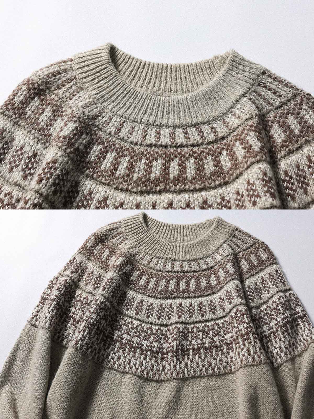 製品画像: クラシックなフィッシャーマンニットセーター、北欧風の幾何学模様とモヘア混紡素材を使用したデザイン。ゆったりとしたシルエットとリブ編みの袖口、裾が特徴で、暖かさと快適さを提供。冬のカジュアルスタイルに最適なアイテム。

詳細画像: フィッシャーマンニットセーターの北欧風幾何学模様とモヘア混紡素材の質感。クルーネックデザインとリブ編み仕上げのディテールが際立ち、保温性と耐久性を強化。柔らかく肌に優しい着心地。