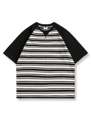 カラーブロックストライプコットン 半袖Tシャツ