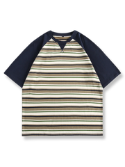 カラーブロックストライプコットン 半袖Tシャツ