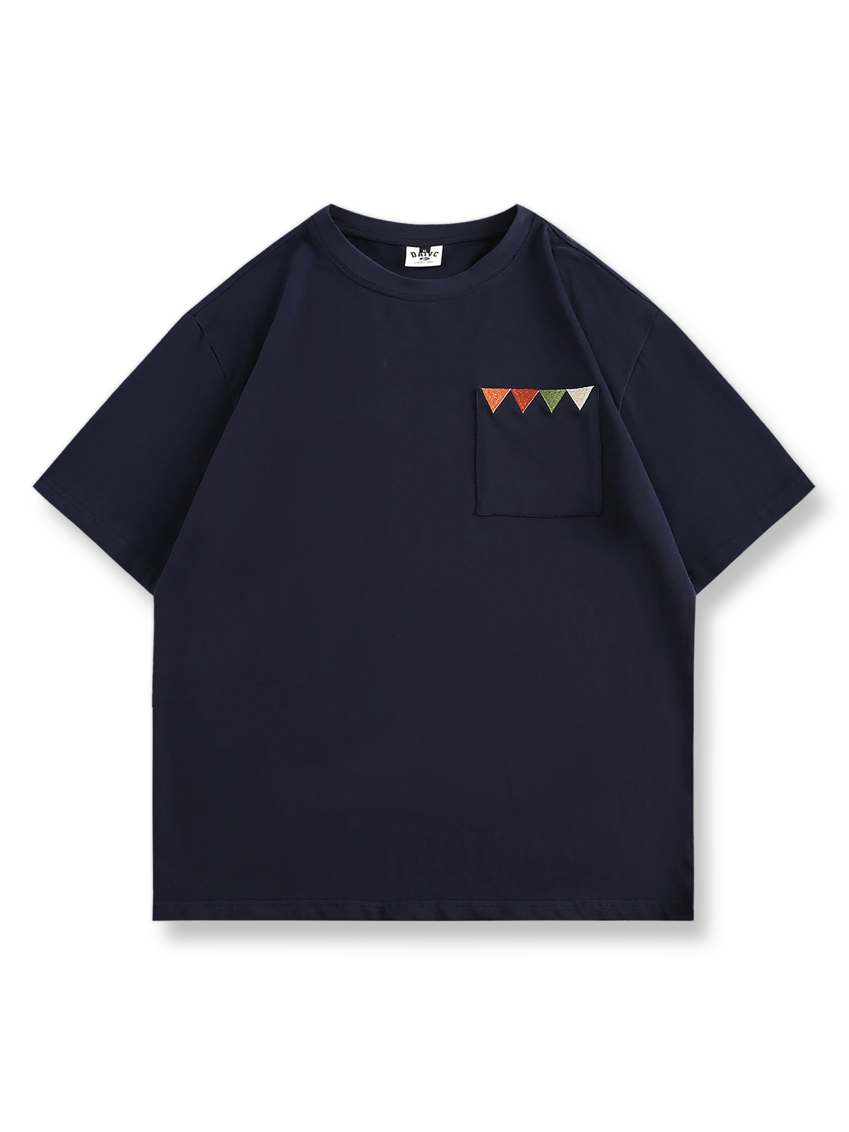 グレー、ブラウン、ダークブルーの3色展示のメンズポケット刺繍クルーネックルーズフィット半袖Tシャツ