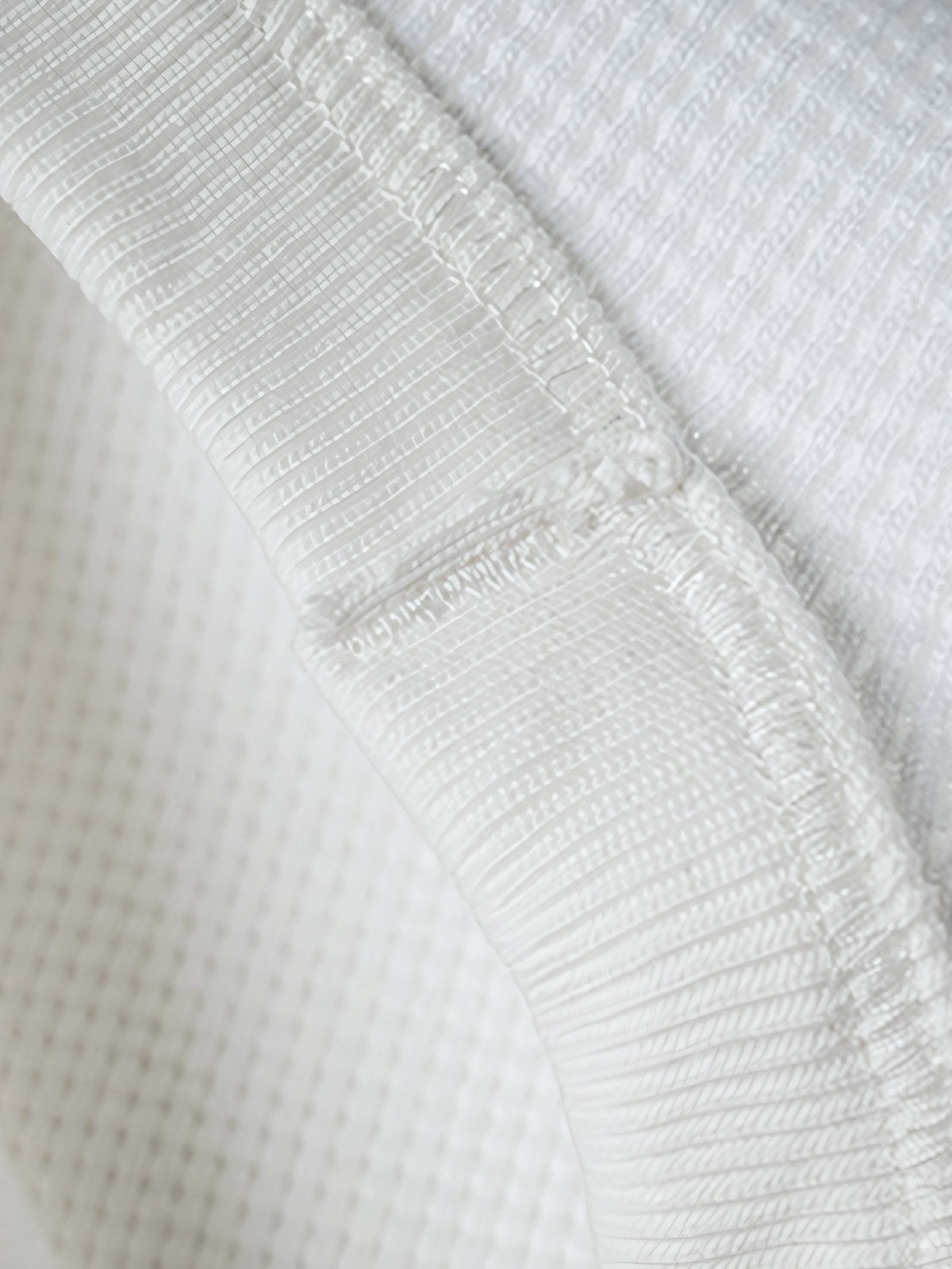 長袖Tシャツのワッフル格子テクスチャーのクローズアップ、外観の質感と衣服の吸湿性と保温性を強調。